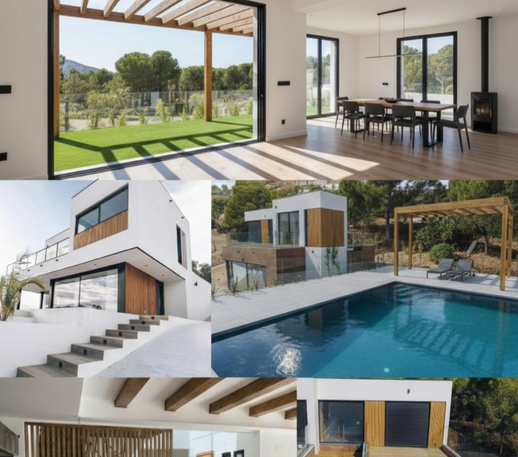 Collage van moderne modulaire woning, interieur en buitenruimte