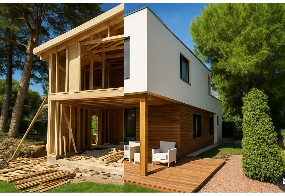 Voor en na beeld van modulaire houtconstructie naar afgewerkte woning