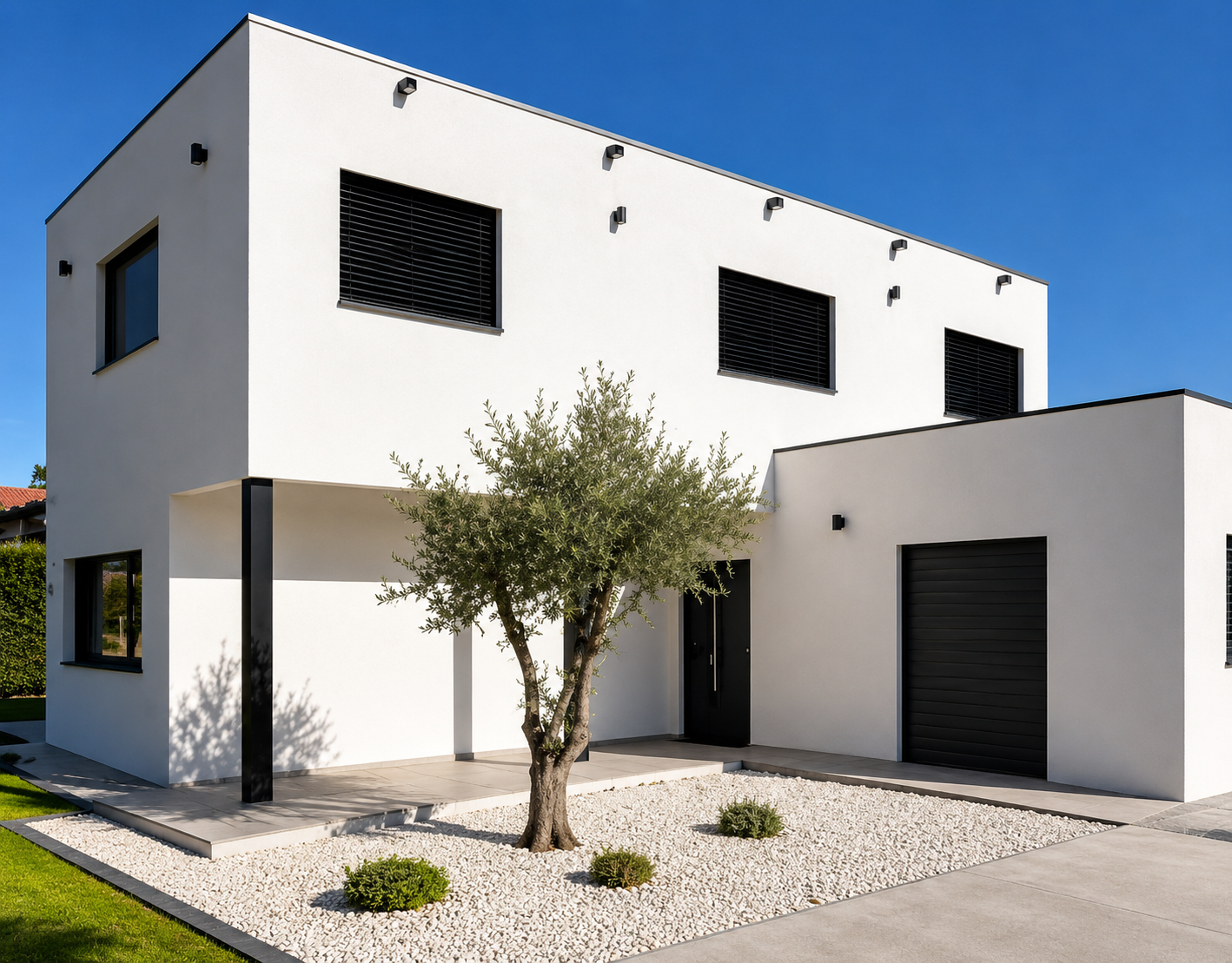 Modulaire woning met witte gevel, zwarte kozijnen en voortuin