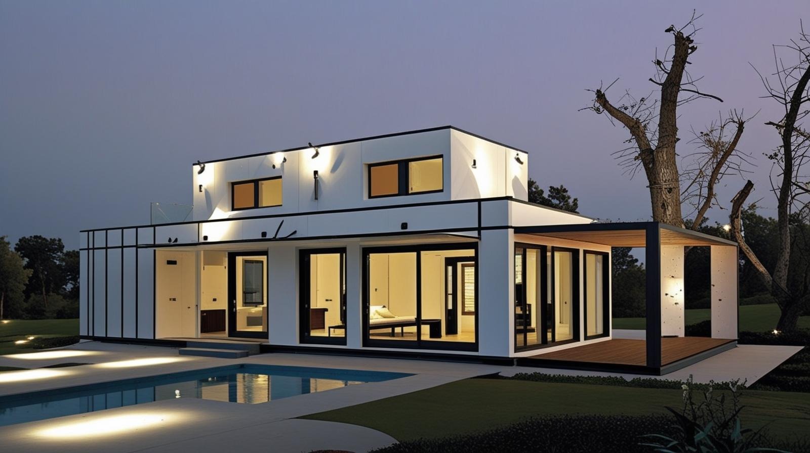 Moderne modulaire villa met zwembad en avondverlichting